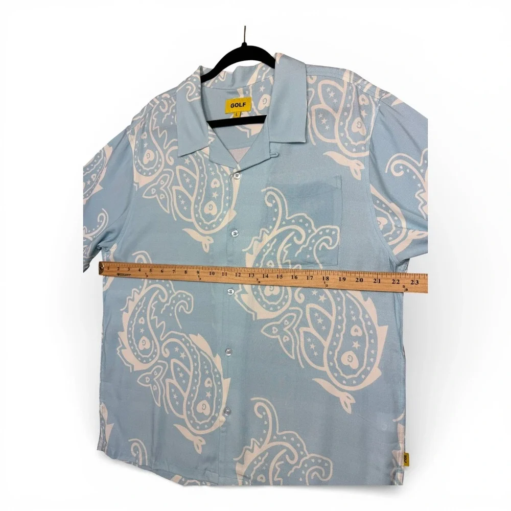 GOLF WANG Paisley Button Up Shirt Men L Light Blue Camp Loop Collar Short Sleeve